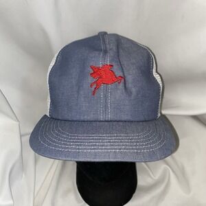 Vintage Mobil Oil Gas Snapback Hat Cap Trucker Mesh Pegasus‎ Made USA Denim
